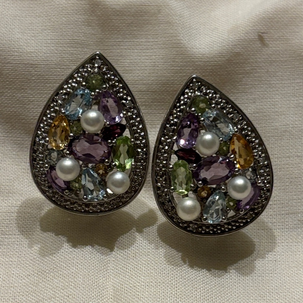 Gorgeous Multicolor Semiprecious and Sterling Teardrop Earrings
